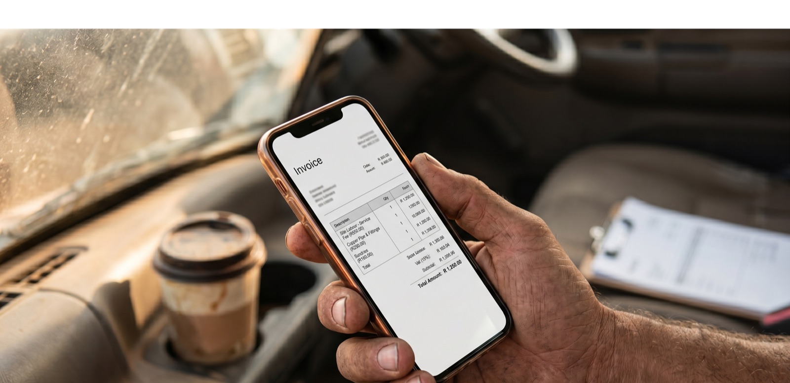 A calloused working hand holds a smartphone showing a Rand-denominated invoice — line items, VAT at 15%, and a total of R 1,250.00 — inside the cab of a bakkie.