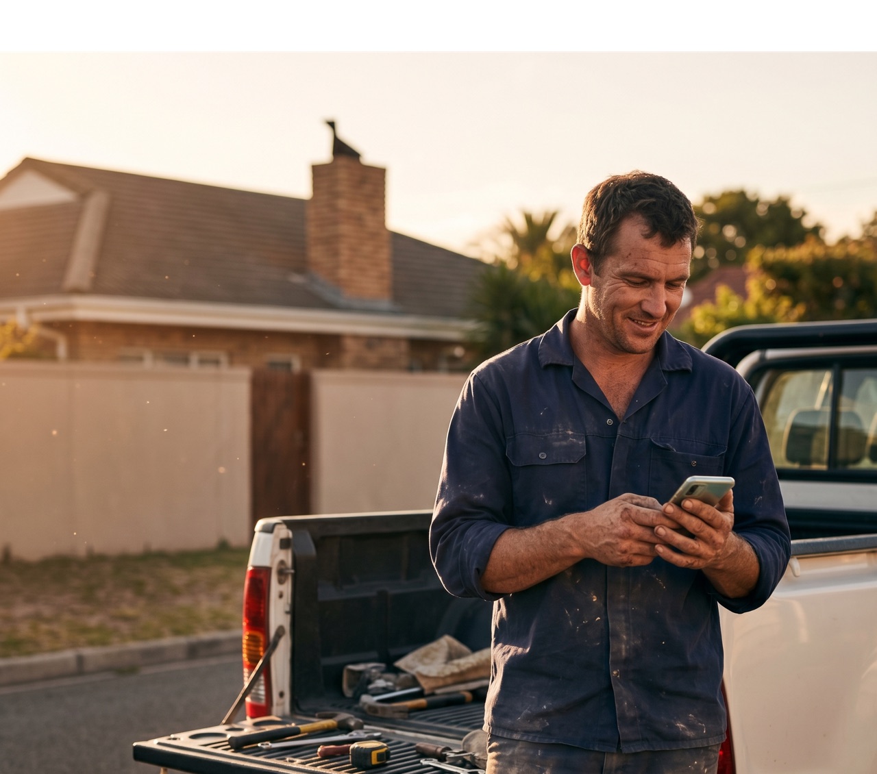 A South African tradesperson in a dust-streaked navy work shirt stands by his bakkie at golden hour, smiling at his phone — tools laid out on the open tailgate, a brick chimney on the suburban roof behind him.